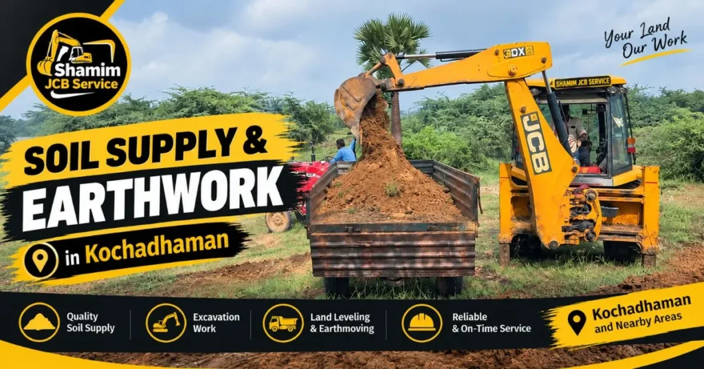 JCB excavator loading soil into a tractor trolley for soil supply services in Kochadhaman.