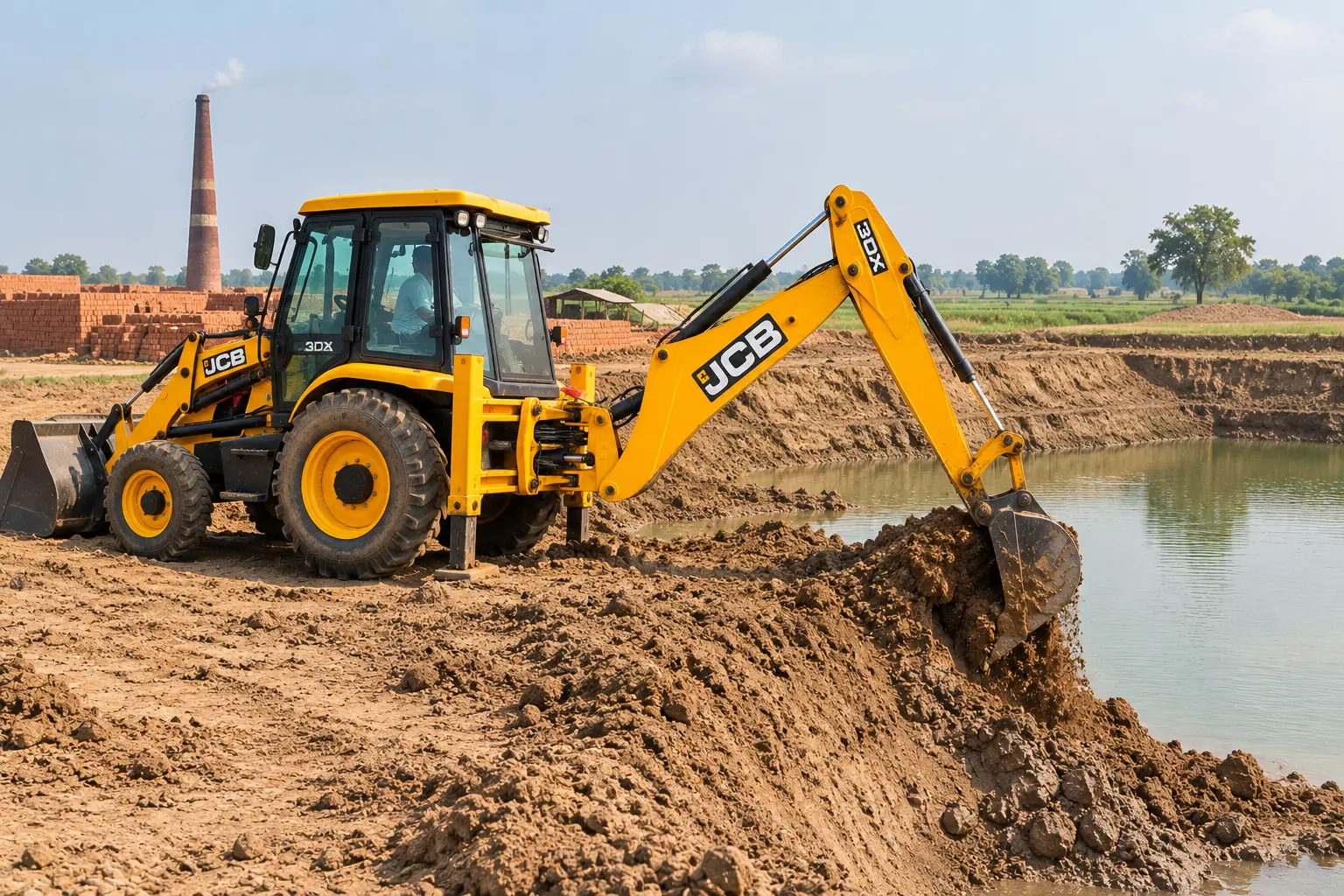 JCB 3DX pond excavation and brick-kiln earthwork