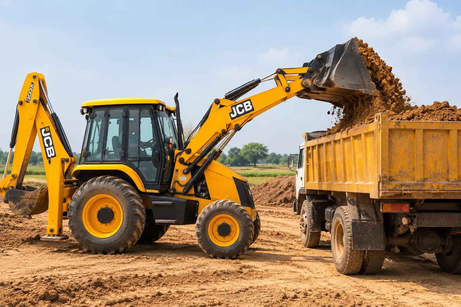 JCB 3DX loading excavated soil for transportation